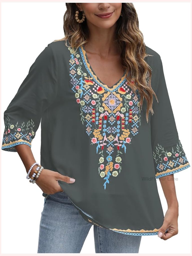 Mexican Embroidered Bohemian Tunic Peasant Blouse 3/4 Sleeve V Neck